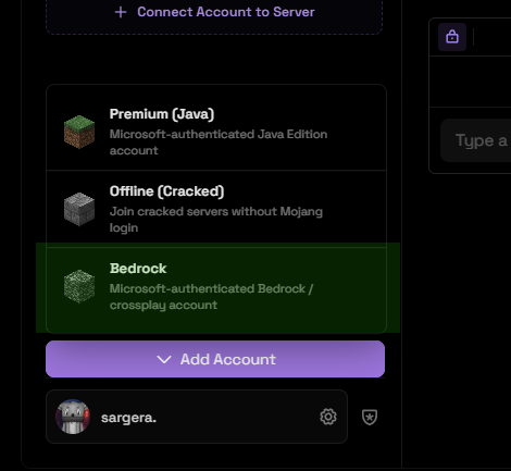 Account type picker showing Premium Java, Offline Cracked, and Bedrock options with Bedrock selected