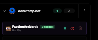 Dashboard showing a Bedrock account connected to donutsmp.net with a green Bedrock badge and online status