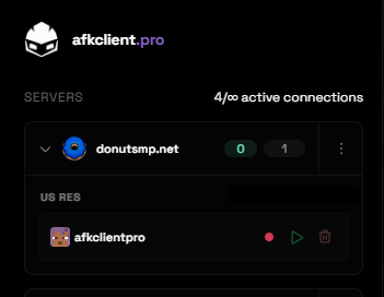 afkclient.pro dashboard showing a donutsmp.net server card with an account ready to connect