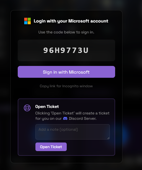 Microsoft account login modal on afkclient.pro showing a device code and Sign in with Microsoft button