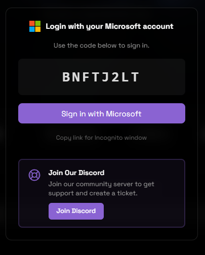 Microsoft account login modal with a device code and Sign in with Microsoft button