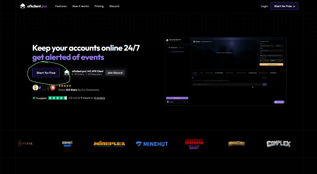 afkclient.pro homepage with the Start for Free button highlighted